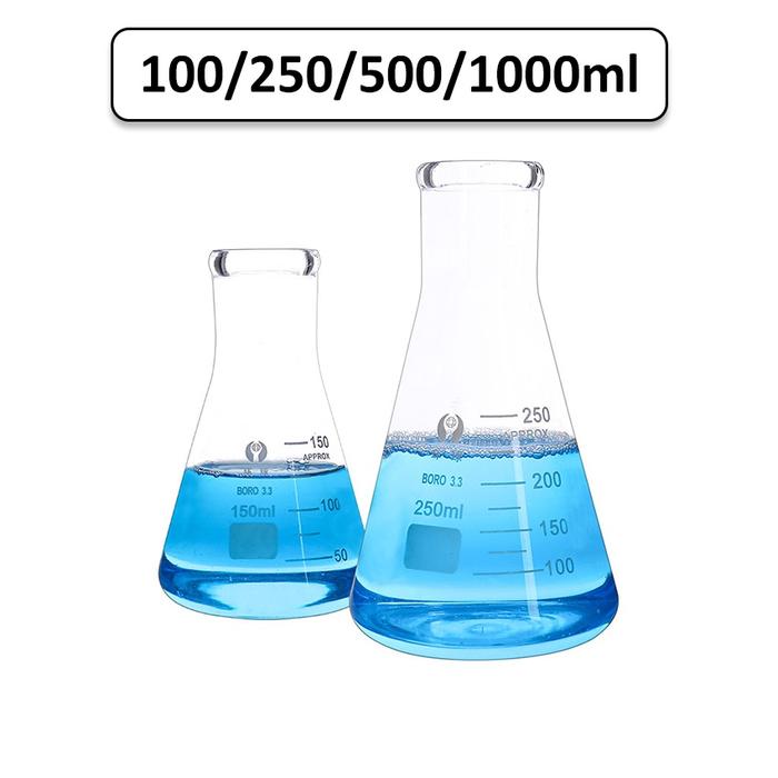 Labu Erlenmeyer Flask Pyrex 100/250/500/1000ML Duran Narrow Neck Glass with Graduation / Gelas Kimia