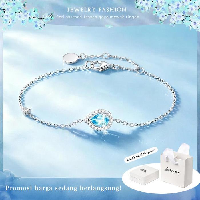 Mermaid Tears Teardrop Blue Sapphire Halo Gelang  Sparkling CZ Paved Silver Plated Dainty Chain untu