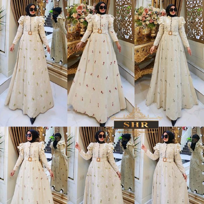 Shr ori 100% dress maxi gamis katun linen full furing rempel bolong syahira
