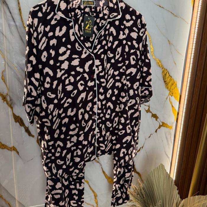 ONE SET WANITA LIST LEOPARD BROWN JUMBO RAYON VISCOSE LENGAN PENDEK Motif