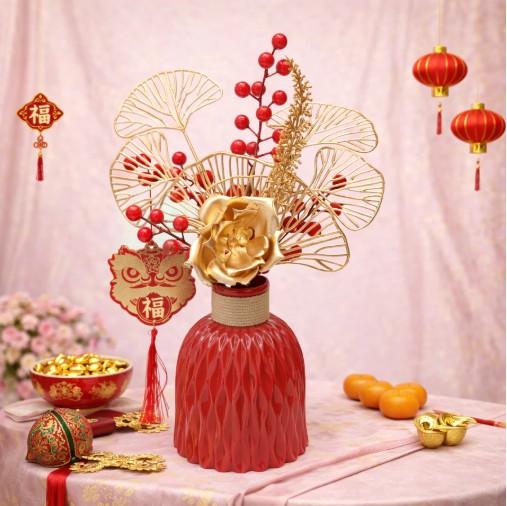 Hiasan Imlek 1 set Bunga Artificial Imlek Premium dengan Vas Emas Merah– Dekorasi Meja Elegan Tahun 
