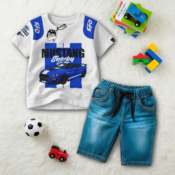 ZARETA ODY Setelan Baju Anak Laki-Laki Mustang Shelby & Celana Jeans Slim Pendek 2-10 Tahun Fashion