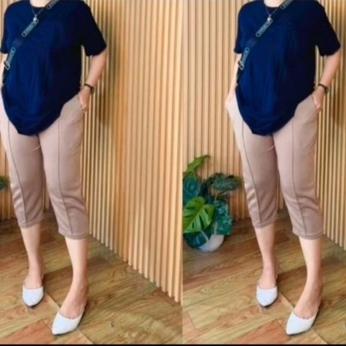CELANA PENDEK GARIS GIO 7/9 CELANA SCUBA Tebal Melar Wanita Hitam Fit Karet Shorts Kulot