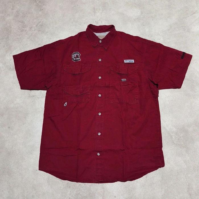 Kemeja tangan pendek pria Columbia pfg game rocks merah maroon bekas