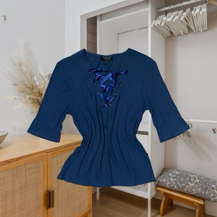 Topshop Rib Knit Navy Top |  Atasan Knitwear Baju Wanita Basic | Thrift Branded | Baju Preloved Bran