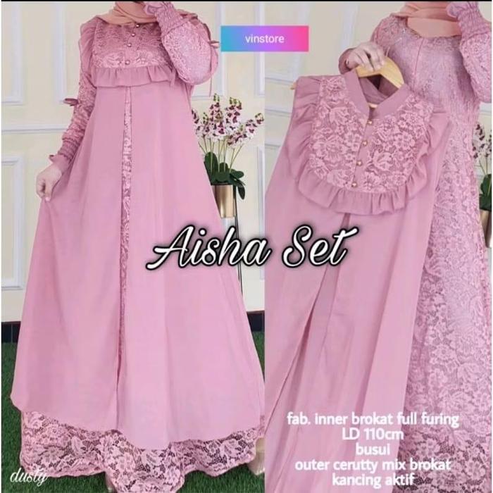 Aisha Set | Gamis dress wanita polos | Gamis dress brukat inner outer | Terbaru