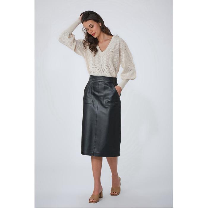 PRELOVED Black Leather Basic High Waist Slit Midi Skirt Rok Wanita