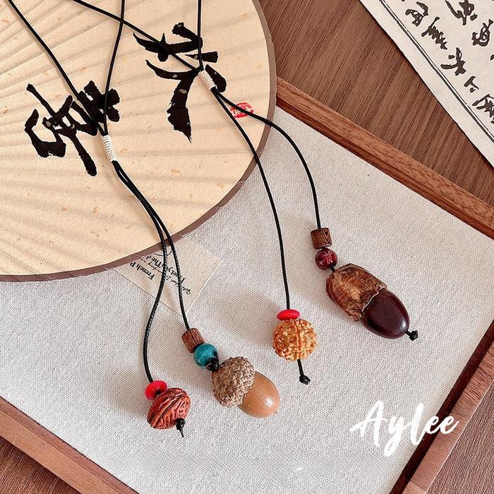 [Aylee] Kalung liontin kacang pinus keramik sederhana kalung choker tali anyaman gaya etnik retro un