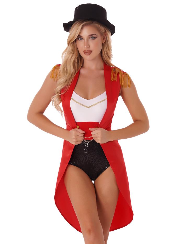 Kostum Master Sirkus Halloween Showman Wanita Bodysuit Tambal Singa