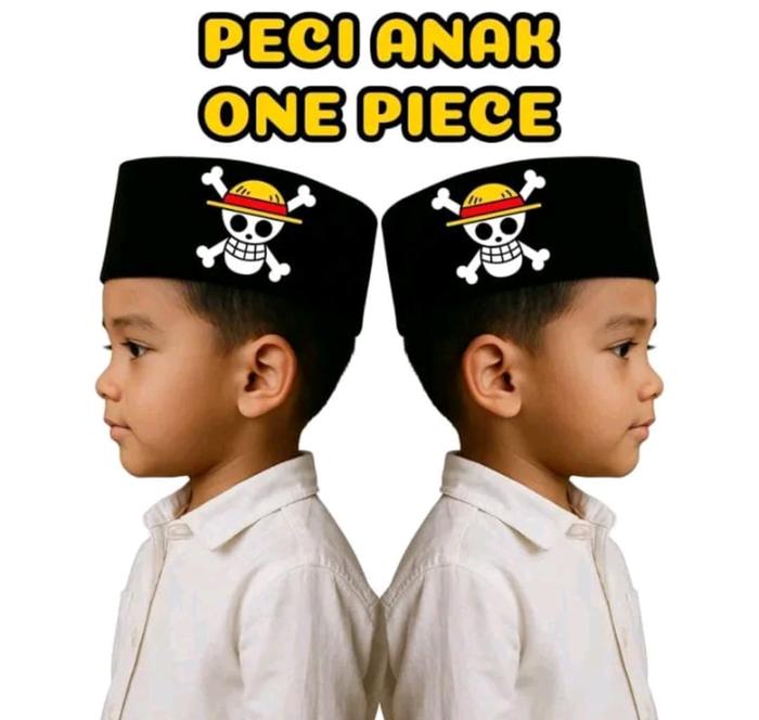 Kopiah Spon Anak Sablon One Piece  / Peci Hitam Anak Bahan Spon Gambar One piece