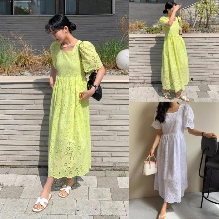 D1406 HIKARU KOREAN STYLE EYELET VINTAGE MIDI DRESS SIMPLE POLOS KATBOL KATUN BOLONG