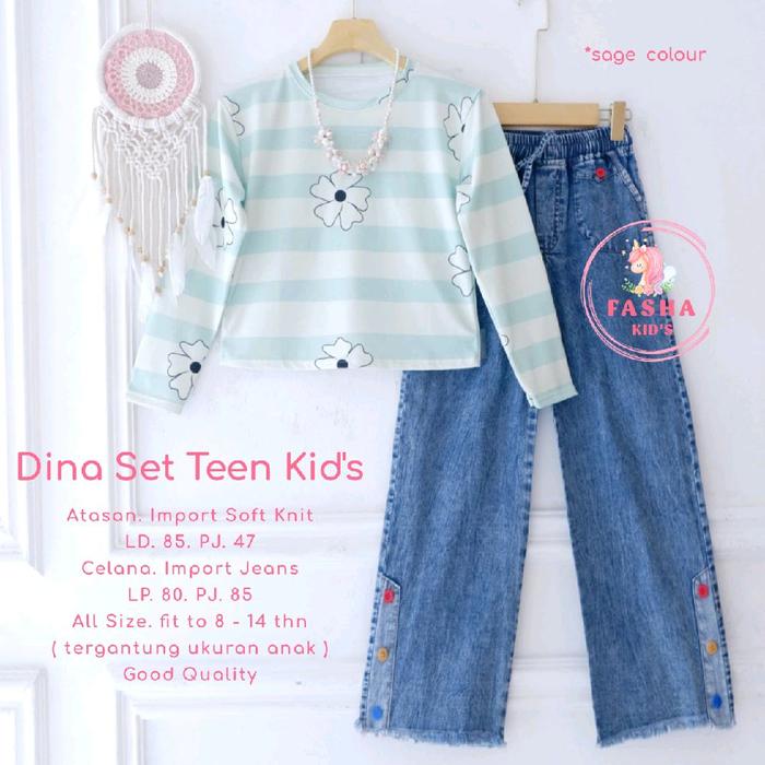 dina setelan teens kids perempuan kekinian atasan mat import soft knit celana jeans wash untuk usia 