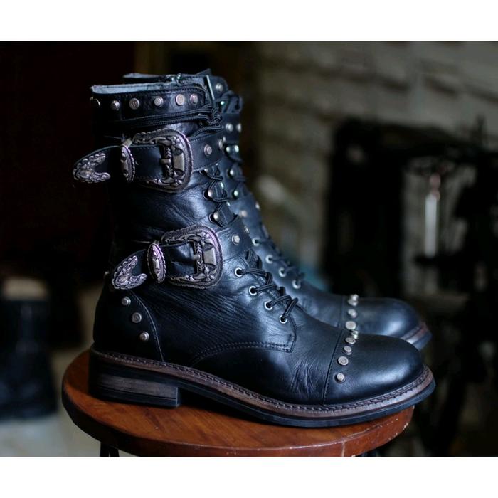 Sepatu Boots Music Band Rocker Rock Motoran Motor Leather Kulit Embose Studded High not Paraboot Tim