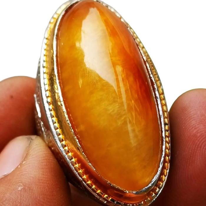 Batu Akik Asli Pandan Nanas Jumbo dengan Dimensi 35x14x10 mm dan Ring Alpaka Super Mewah - Cincin, J
