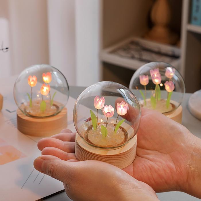 Tulip Flower Night Light With Glass Cover Handmade DIY Bedside Light LED Night Lamp Table Desk Lamp