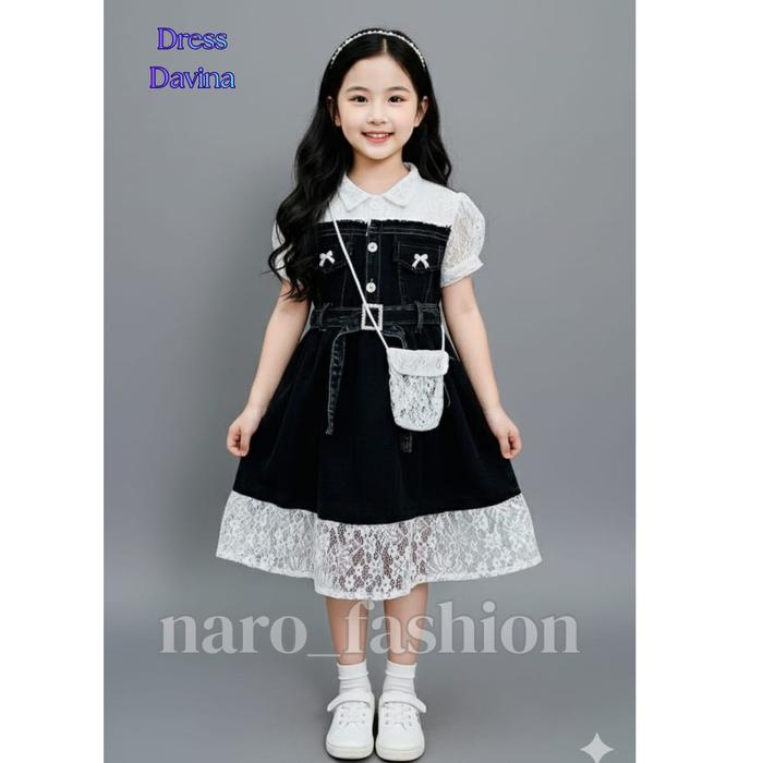 Davina Dress jeans anak perempuan import korean style mix brukat usia 3-10 tahun gaun kondangan anak