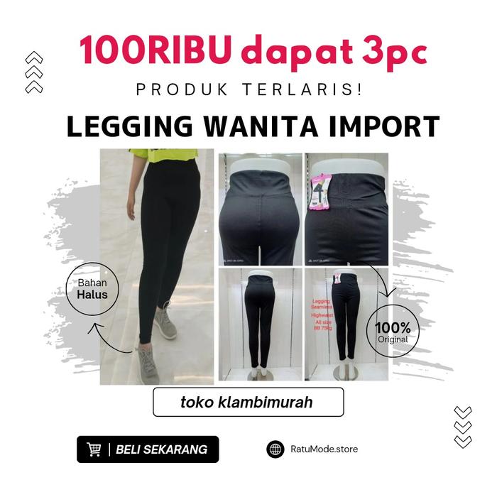 Legging HW Celana Panjang Wanita Rajut Kaos Import Hitam Tebal Nyaman - Paket Usaha 3pc - Dewasa reg