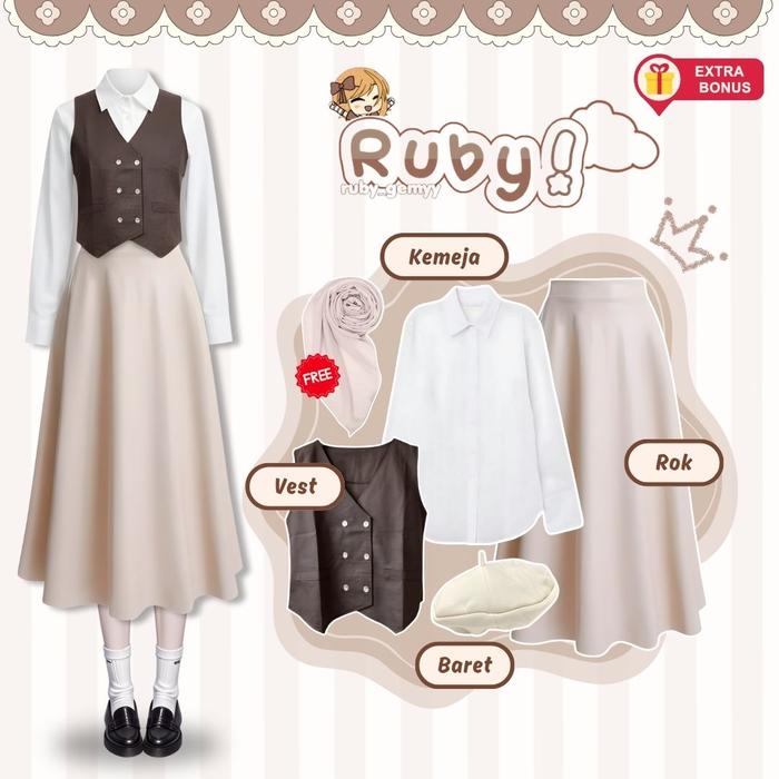 One Set 4in1 kemeja basic vest rompi rok scuba flowy topi baret free hijab segi empat | outfit cewek