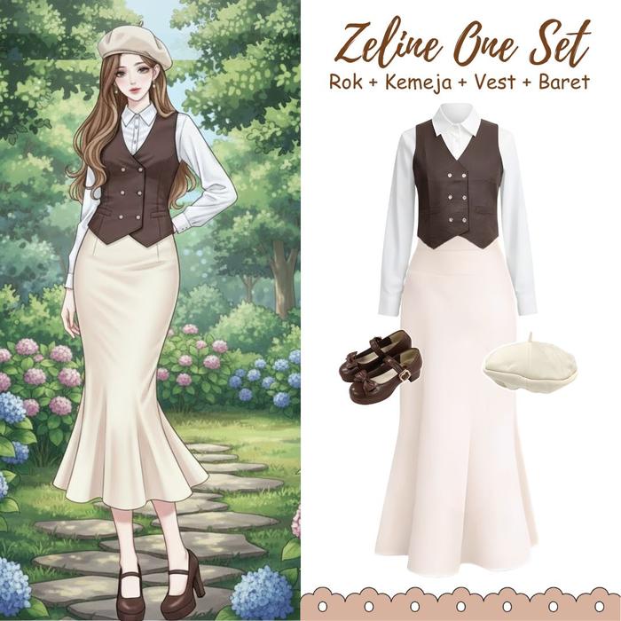 One Set 4in1 kemeja basic vest rompi rok duyung scuba topi baret | outfit cewek modern hijab stylish