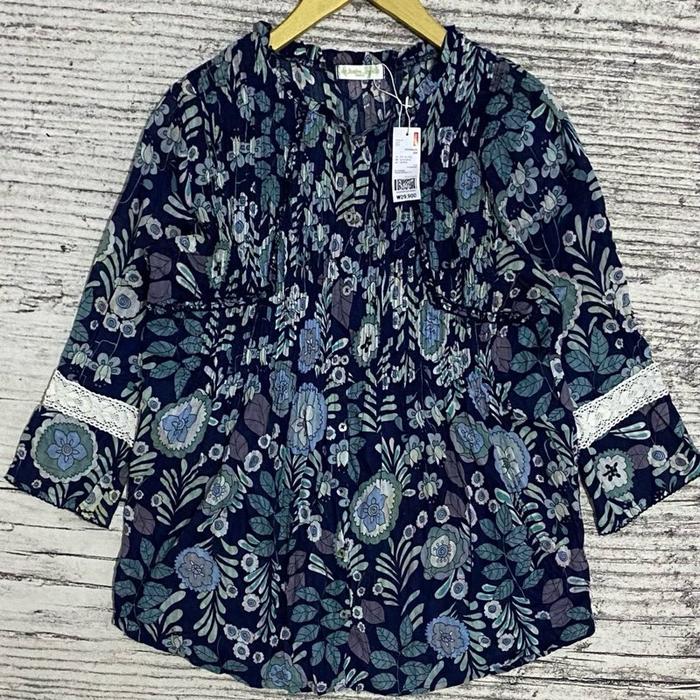 Kemeja shirt blouse blus atasan baju wanita cewek motif bunga bunga biru vintage art fashion Un jard