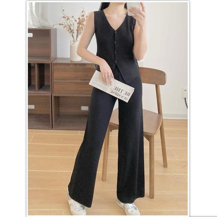 Setelan Ladonna Knit Button Up TM S8730 vest dan pants 2pcs set pakaian import wanita model kantor f