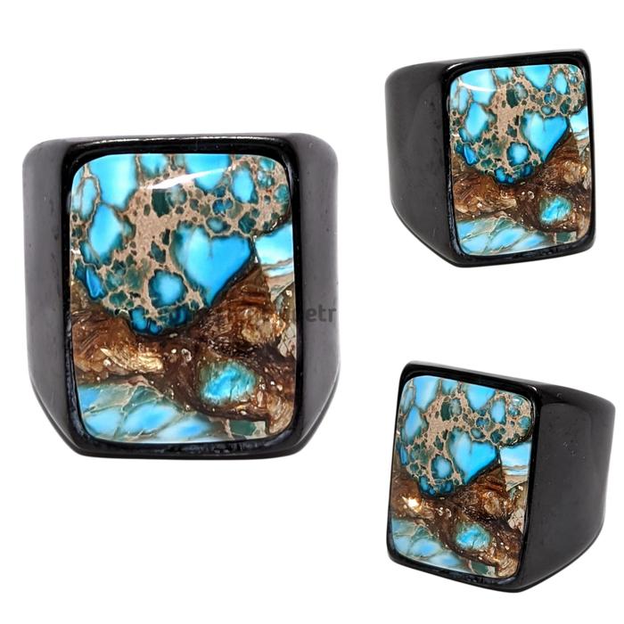 Natural Batu Akik Sea Sediment Gold Blue Turquoise Octagon Afrika SJA0