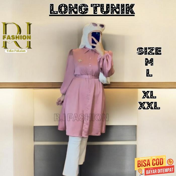 Long Tunik Kemeja Atasan Wanita Polos Terbaru Kekinian Size M L XL XXL 100% Bahan Maxmara Silk Mewah