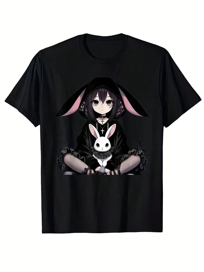 Kaos Sablon Modis Pria dan Wanita【S-2XL】 Kaos Grafis Wanita Telinga Kelinci Anime, Hitam Lengan Pend