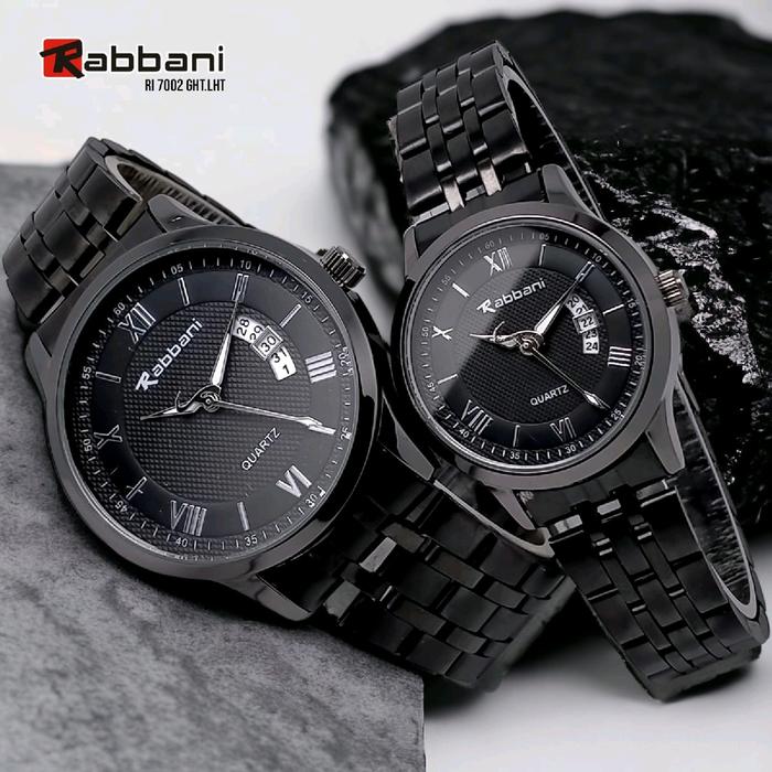 Rabbani 7002 Ght/Lht, Jam tangan couple, Rantai hitam, tanggal aktif, water resistant.