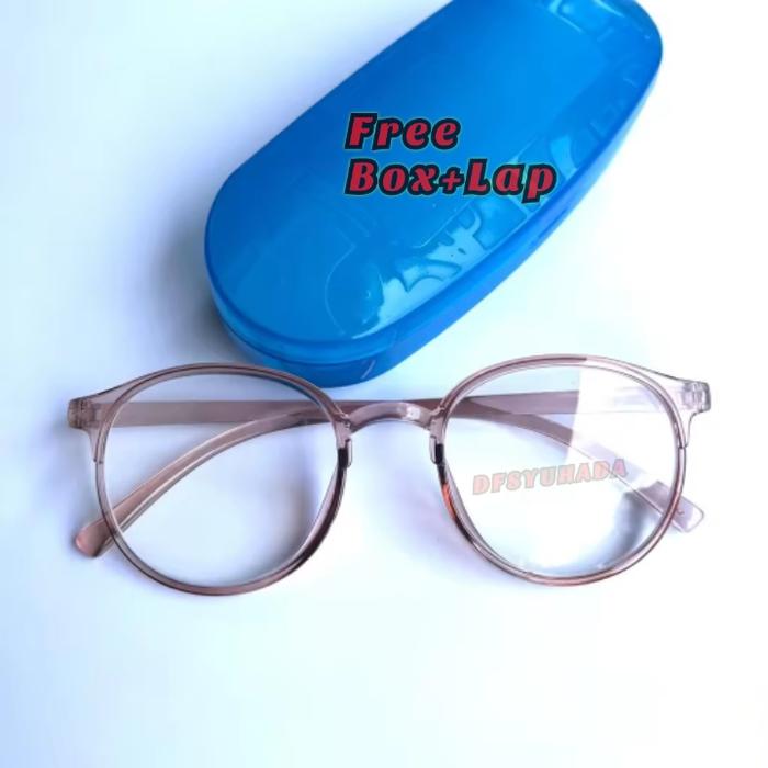 Kacamata Bulat Wanita pria Modis Lensa Minus Photocromic Ringan Bingkai Transparan Nyaman Bonus Box+