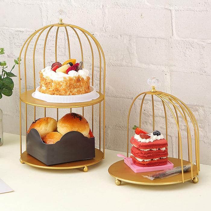 Cake Stand Fruit Display Plate Bird Cage Shape Wrought Iron Golden