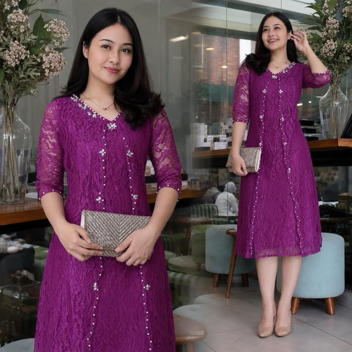 Drees Gabriela Brokat Mix Payet Dres Kondangan Pesta Natal Tahun Baru Midi Dres