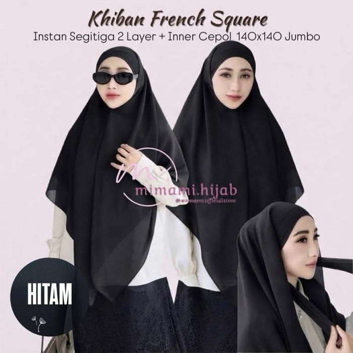 KHIMAR INSTAN 2 LAYER SQUARE + INNER CEPOL Hitam 140x140 Jumbo Medium 115x115 Segitiga French Square