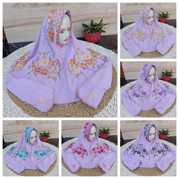 Mukena Terusan Dewasa Ala Santri Motif Bordir Bunga Kecubung Piramid Bahan Polino Warna Lilac Mukena
