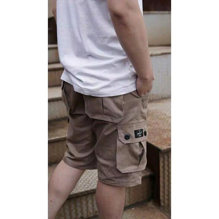 Celana Cargo Pendek Original Pria - Kain American Drill Grade A, 6 Saku, Warna Army dan Cream, Jahit