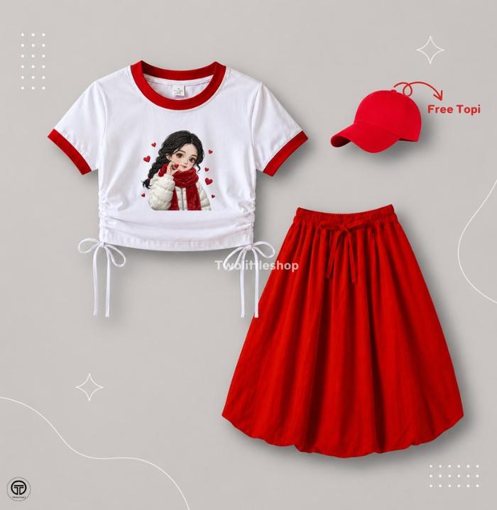 SETELAN ROK BAL0N & KAOS RIB SERUT MOTIF SABLON 2-10 TAHUN ( FREE TOPI )