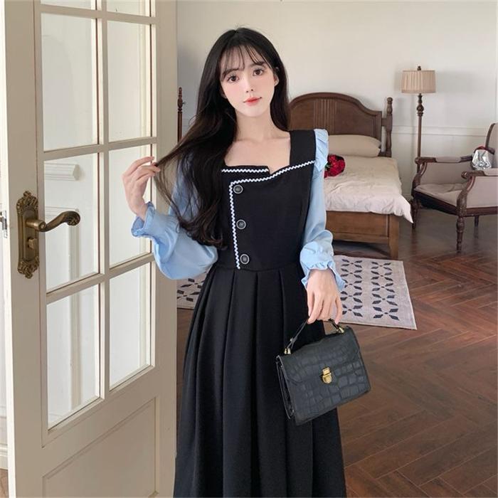 French Style Midi Dress Fake Two-Piece Two-Tone Long Sleeve U-Neck M-2Xl Elegant Able Premium