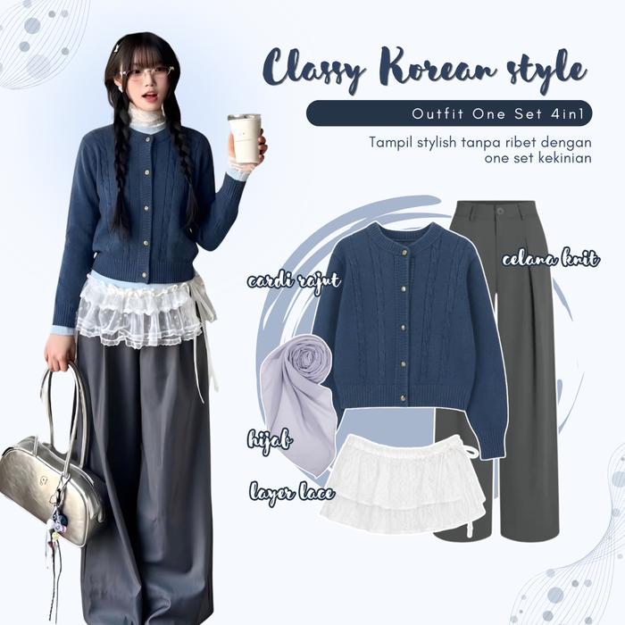 4in1 Baju Setelan Layering Style ( Cardigan Rajut + Celana Knit + Lace Overskirt Renda + Hijab ) One