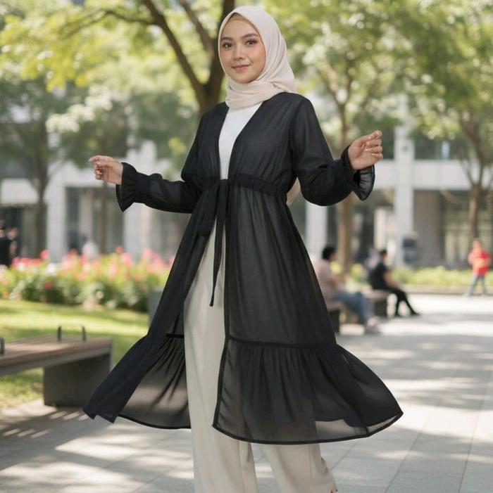 Naykamila Outer Tunik Ceruty Serut Pinggang Lengan Panjang Polos Bahan Ceruty Babydoll Motif Cardiga