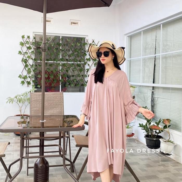 Baju Wanita Fayola Dress Twill Polos Rempel Kerut - Casual, Busui, Bumil, Rayon, Gamis, Midi