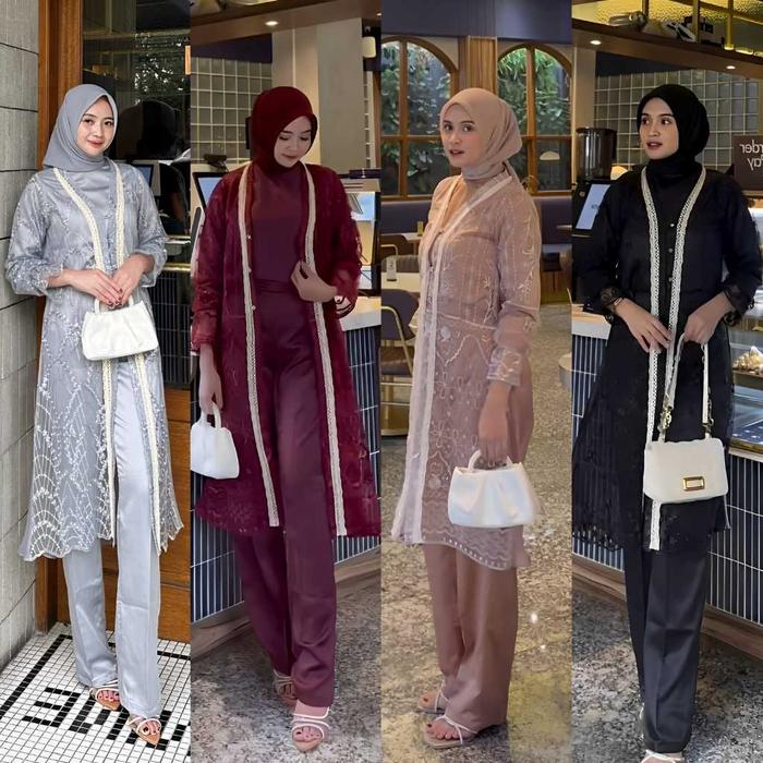 NEW ONE SET WANITA 3IN1 TUNIK OUTHER BRUKAT RENDA SETELAN KONDANGAN WANITA MAXMARA PREMIUM SET MELAY