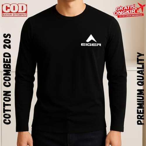 Baju Kaos Lengan Panjang  (PROMO COD) Kaos Distro Lengan Panjang Pria Wanita Eiger kiri Logo Putih -