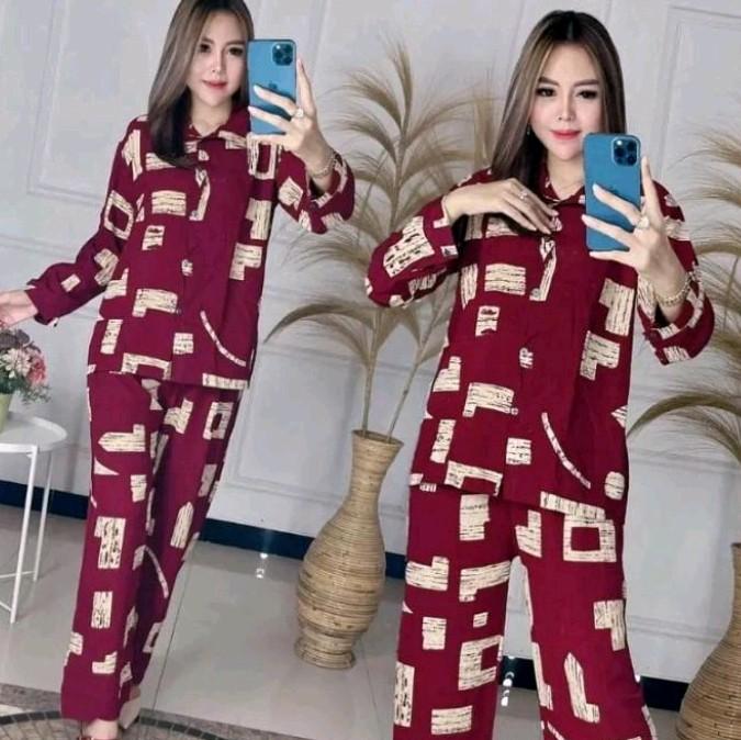 One Set Rayon Motif Kayu / Setelan Wanita Lengan Panjang /Setelan Tyde