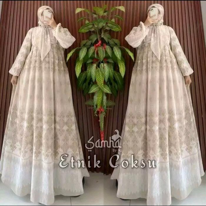 Gamis Set Hijab Ceruty Motif Terbaru Etnik Premium/Dress Ples Hijab