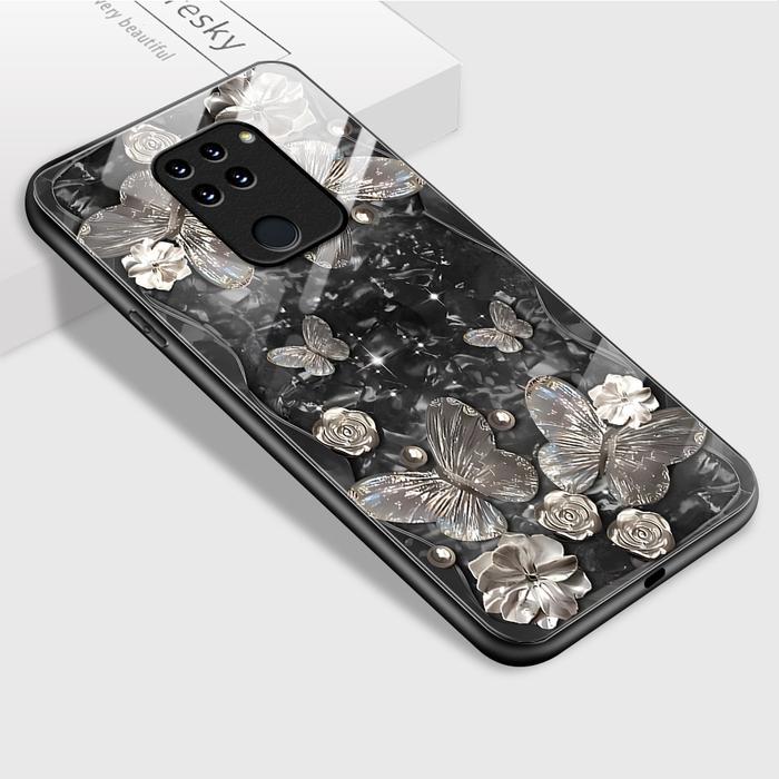 Xiaomi Redmi Note 9 Untuk Hp Casing Hardcase Ponsel Kaca Cassing Crystal Butterfly Flowers Glass Pho