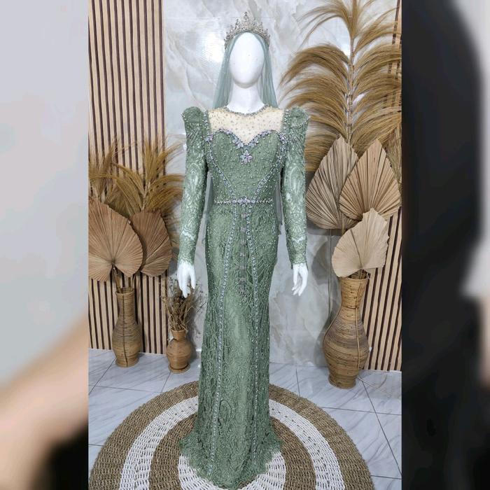 Gaun Pengantin Slim Mewah Wanita Model Sabrina XL Mutiara & Payet Putih dengan Veil - Panjang, Pesta