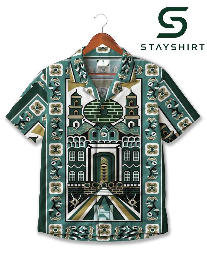 STAYSHIRT Kemeja Motif Masjid Islamic Architecture Full Print Hawaiian Shirt Hijau Vintage Casual Un