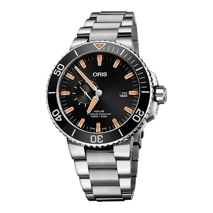 Jam Tangan Pria Oris Aquis 01-743-7733-4159-07-8-24-05PEB Small Second Date Black Dial Stainless Ste
