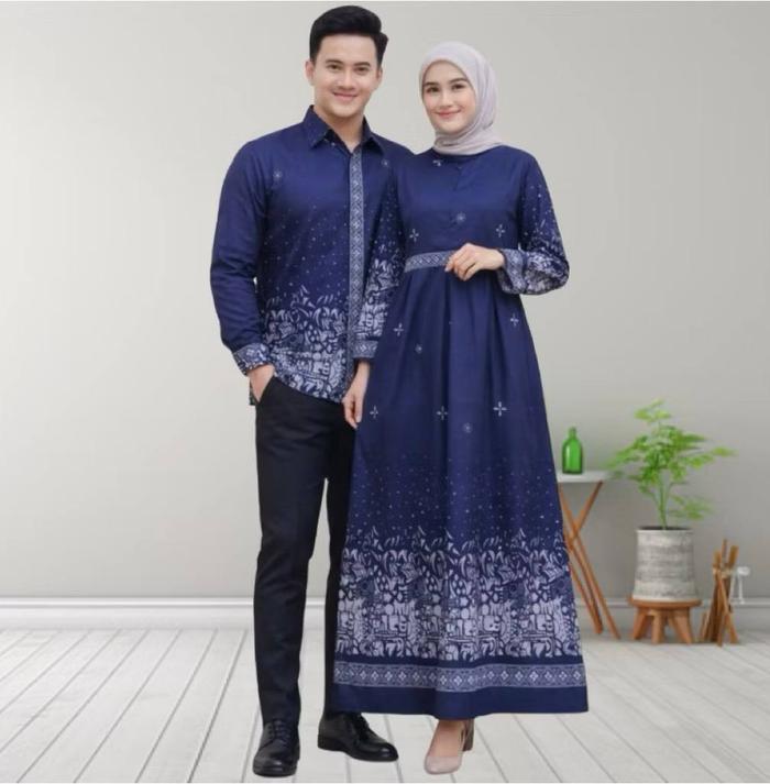 BAJU BATIK COUPLE GAMIS MOTIF SUTENA WARNA BURGUNDY, HIJAU BOTOL & BIRU NAVY - BATIK COUPLE TERLARIS