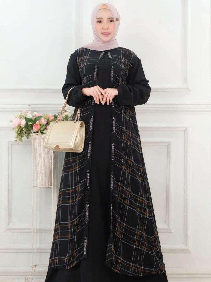 Alora Set Inner & Outer Wanita Muslimah Dress Polos + Outer Panjang Sifon Jepang Motif Kotak Elegan